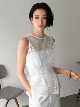 FRIFUL Blusa De Verano Sin Mangas Y Cuello Redondo De Encaje Para Mujeres