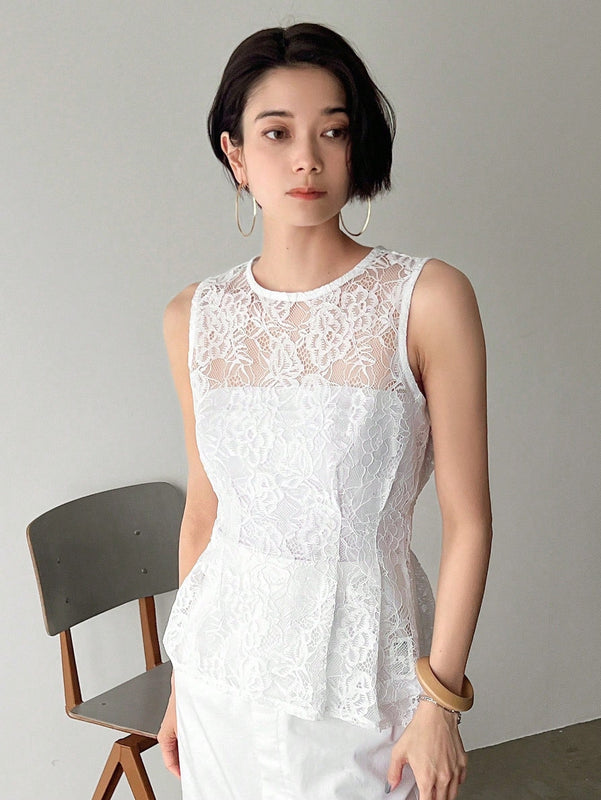 FRIFUL Blusa De Verano Sin Mangas Y Cuello Redondo De Encaje Para Mujeres