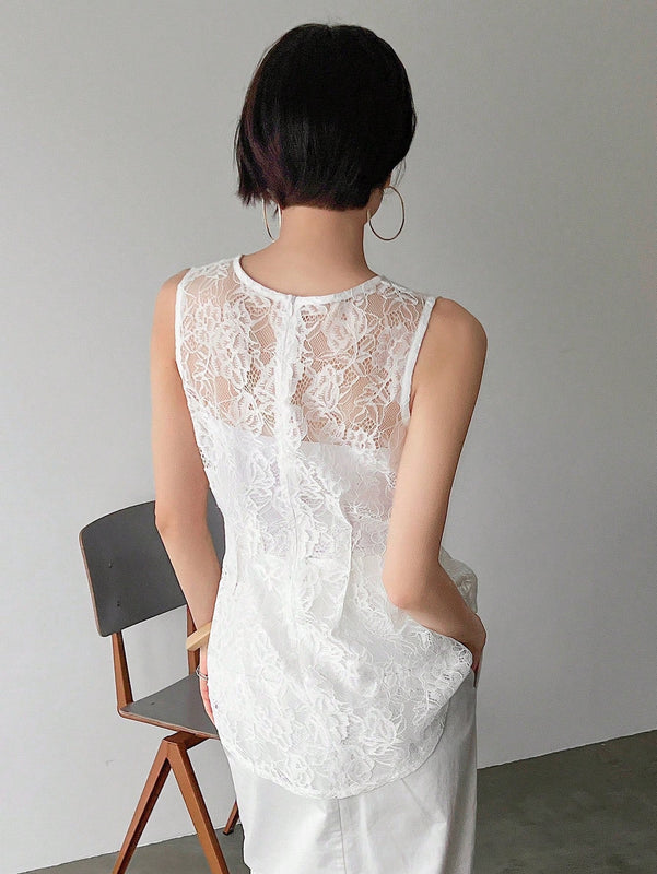 FRIFUL Blusa De Verano Sin Mangas Y Cuello Redondo De Encaje Para Mujeres