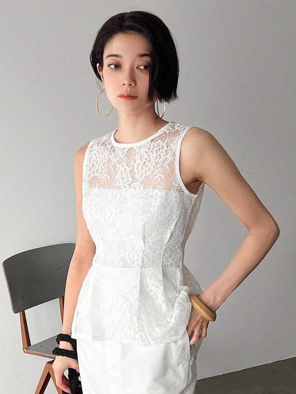 FRIFUL Blusa De Verano Sin Mangas Y Cuello Redondo De Encaje Para Mujeres