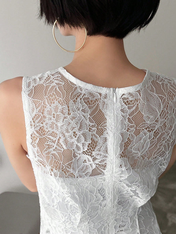 FRIFUL Blusa De Verano Sin Mangas Y Cuello Redondo De Encaje Para Mujeres