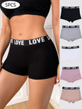 5 piezas Deportivos Shorts boxers con cintura estampada con letras para mujeres para deportes y uso casual