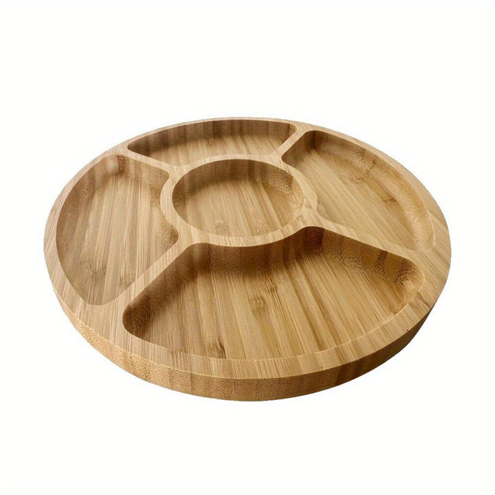 Bandeja de Bocadillos de Bambú con 5 Compartimentos - Redonda, Duradera y Diseño de Veta de Madera Natural para Frutas, Aperitivos y Decoración de Fiesta - Detalles en los Borde Suaves, Segura para Alimentos y Bandeja de Servir Versátil