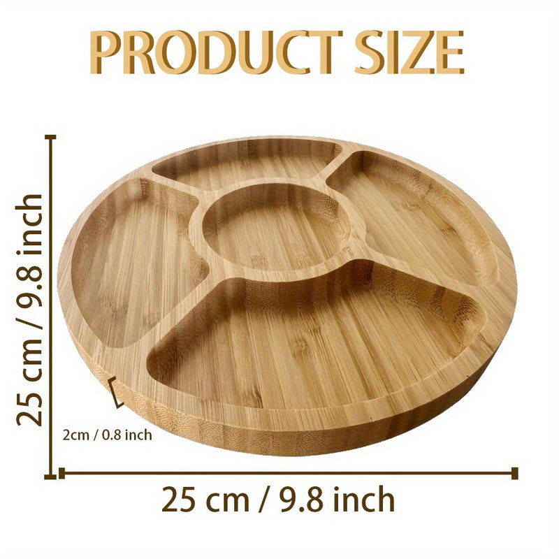 Bandeja de Bocadillos de Bambú con 5 Compartimentos - Redonda, Duradera y Diseño de Veta de Madera Natural para Frutas, Aperitivos y Decoración de Fiesta - Detalles en los Borde Suaves, Segura para Alimentos y Bandeja de Servir Versátil