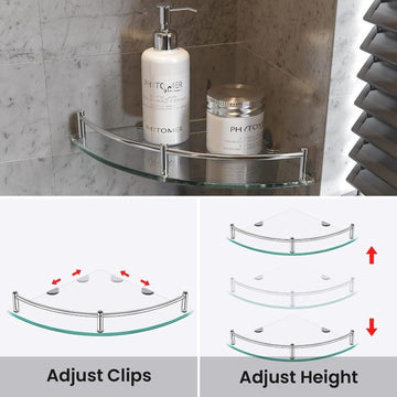 2 piezas de estantes de ducha de esquina montados en la pared con vidrio templado y barandillas de acero inoxidable - Organizador de baño que ahorra espacio para artículos de tocador, champú, acondicionador y más - Caddy de ducha duradero para baños mode