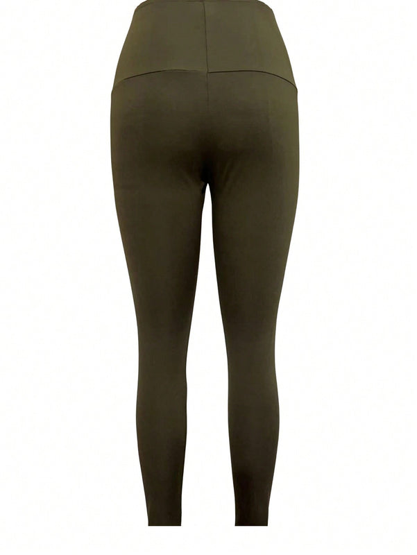 Pantalones Largos De Cintura Alta Con Cremallera, Solid Color Para Mujer De Ajuste Fino