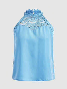 Prive Elegante Blusa De Cuello Halter Con Encaje Azul