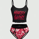 Harley Quinn | ROMWE Conjunto De Lenceria De Bralette De Tirantes Spaghetti Estampado Harlequin Y Panty De Triangulo De Bloques De Color Para Mujeres