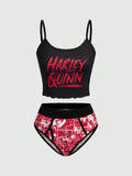 Harley Quinn | ROMWE Conjunto De Lenceria De Bralette De Tirantes Spaghetti Estampado Harlequin Y Panty De Triangulo De Bloques De Color Para Mujeres