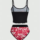 Harley Quinn | ROMWE Conjunto De Lenceria De Bralette De Tirantes Spaghetti Estampado Harlequin Y Panty De Triangulo De Bloques De Color Para Mujeres