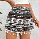 VCAY Shorts estampados de elefante y paisley en estilo bohemio para mujeres, con Borlas en el dobladillo ideales para vacaciones