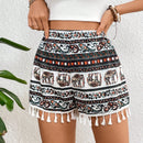 VCAY Shorts estampados de elefante y paisley en estilo bohemio para mujeres, con Borlas en el dobladillo ideales para vacaciones