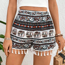 VCAY Shorts estampados de elefante y paisley en estilo bohemio para mujeres, con Borlas en el dobladillo ideales para vacaciones