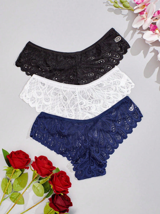 3 piezas de ropa interior sexy para mujer con patron de plumas y encaje, de cintura baja y estilo tanga transpirable y ligero