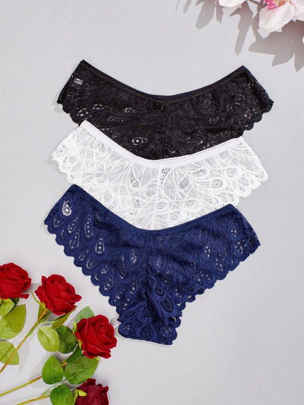 3 piezas de ropa interior sexy para mujer con patron de plumas y encaje, de cintura baja y estilo tanga transpirable y ligero