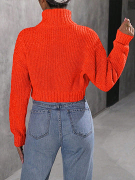 EZwear Jersey de mujer de manga larga y cuello vuelto de color solido de moda