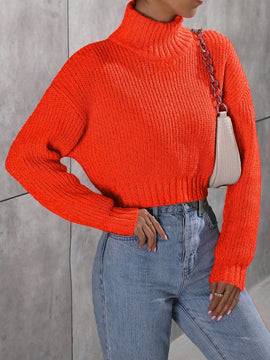 EZwear Jersey de mujer de manga larga y cuello vuelto de color solido de moda