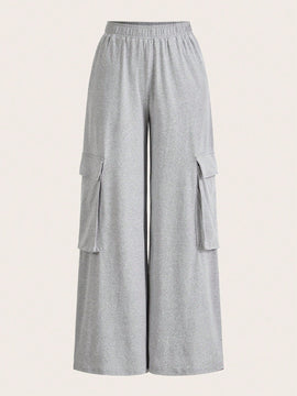 Slayr pantalones casuales de trabajo de estilo ancho con bolsillos y estampado floral gris para mujeres-c