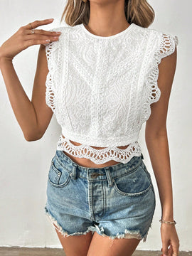 Tall Camisa blanca de verano para mujeres con botones, manga corta con encaje y para la playa durante las vacaciones de primavera.