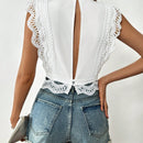 Tall Camisa blanca de verano para mujeres con botones, manga corta con encaje y para la playa durante las vacaciones de primavera.