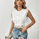 Tall Camisa blanca de verano para mujeres con botones, manga corta con encaje y para la playa durante las vacaciones de primavera.