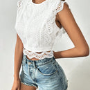 Tall Camisa blanca de verano para mujeres con botones, manga corta con encaje y para la playa durante las vacaciones de primavera.
