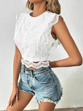 Tall Camisa blanca de verano para mujeres con botones, manga corta con encaje y para la playa durante las vacaciones de primavera.
