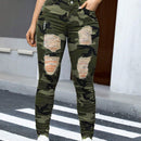 Pantalones ajustados rasgados elasticos con estampado de camuflaje para mujeres