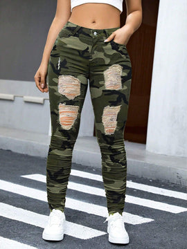Pantalones ajustados rasgados elasticos con estampado de camuflaje para mujeres