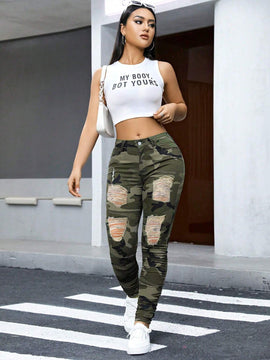 Pantalones ajustados rasgados elasticos con estampado de camuflaje para mujeres