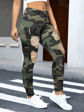 Pantalones ajustados rasgados elasticos con estampado de camuflaje para mujeres