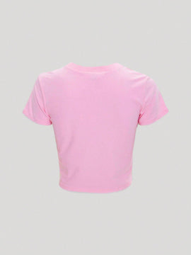 Camiseta De Verano Para Mujer Con Eslogan Impreso, Ajuste Cenido Y Corto