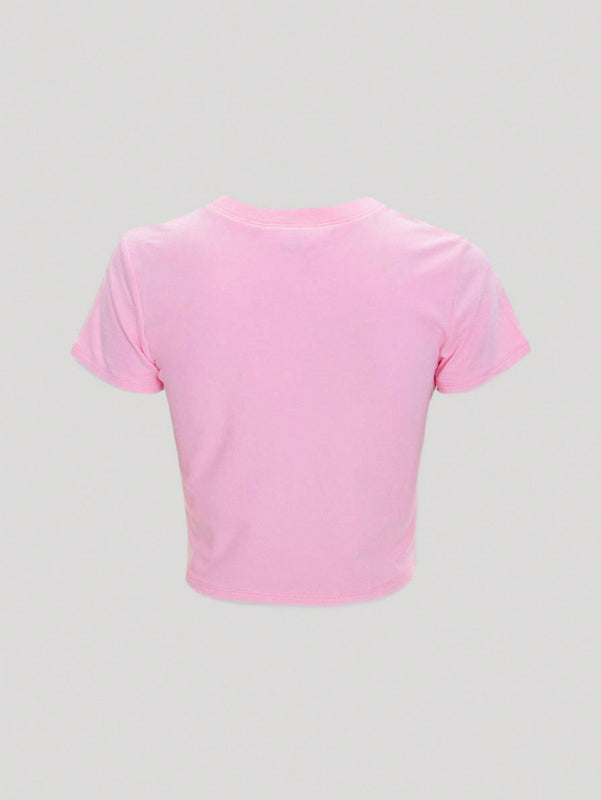 Camiseta De Verano Para Mujer Con Eslogan Impreso, Ajuste Cenido Y Corto