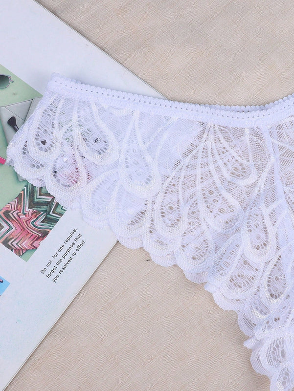 3 piezas de ropa interior sexy para mujer con patron de plumas y encaje, de cintura baja y estilo tanga transpirable y ligero