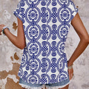 VCAY Camisa Casual De Manga Corta Con Murcielago De Encaje Con Estampado De Plantas Estilo Vacacional Para Mujeres