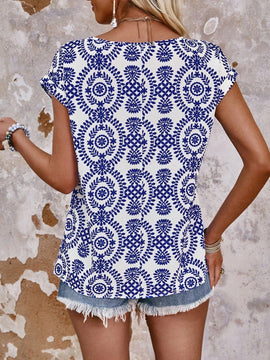 VCAY Camisa Casual De Manga Corta Con Murcielago De Encaje Con Estampado De Plantas Estilo Vacacional Para Mujeres