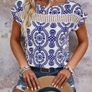 VCAY Camisa Casual De Manga Corta Con Murcielago De Encaje Con Estampado De Plantas Estilo Vacacional Para Mujeres