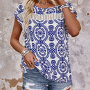 VCAY Camisa Casual De Manga Corta Con Murcielago De Encaje Con Estampado De Plantas Estilo Vacacional Para Mujeres