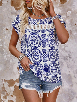 VCAY Camisa Casual De Manga Corta Con Murcielago De Encaje Con Estampado De Plantas Estilo Vacacional Para Mujeres
