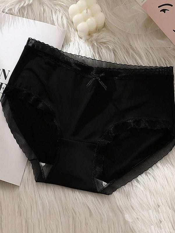 Conjunto de 5 piezas de ropa interior de seda de hielo ultrafina de cintura alta para mujeres con decoracion de lazo