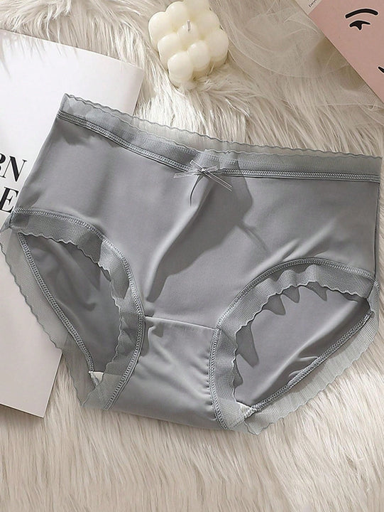 Conjunto de 5 piezas de ropa interior de seda de hielo ultrafina de cintura alta para mujeres con decoracion de lazo