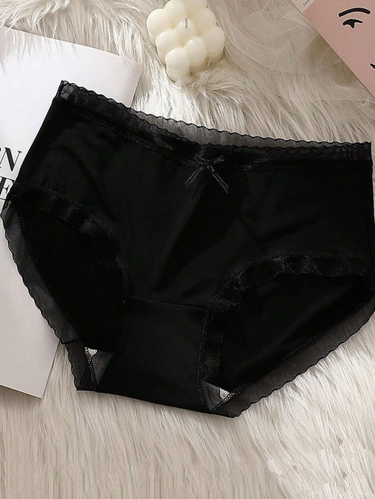 Conjunto de 5 piezas de ropa interior de seda de hielo ultrafina de cintura alta para mujeres con decoracion de lazo