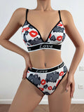 Conjunto de lenceria impreso con corazones para mujeres