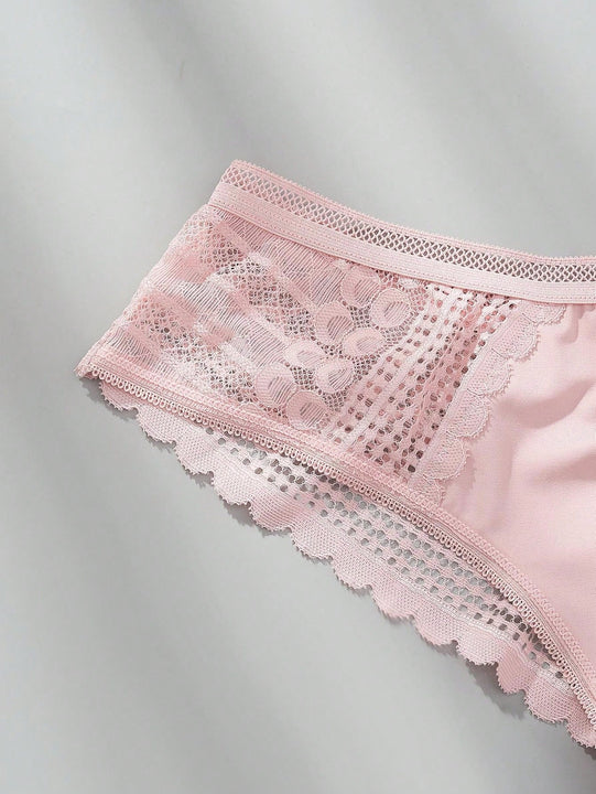 3 piezas/set tanga sexy de cintura baja con encaje calado en contraste ropa interior