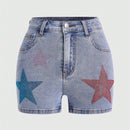 ROMWE Street Life Pantalones Cortos De Mezclilla Con Patron De Estrellas Decoradas Con Pedreria Para Mujer
