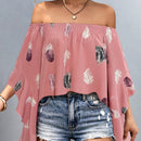 LUNE Camisa De Hombro Descubierto Para Mujer Con Diseno De Pluma, Manga Acampanada