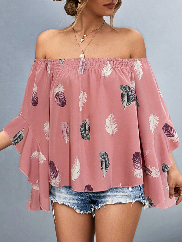 LUNE Camisa De Hombro Descubierto Para Mujer Con Diseno De Pluma, Manga Acampanada