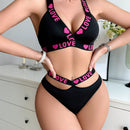 Conjunto De Sujetador Deportivo Para Mujer Con Bragas, Sujetador Elastico Con Estampado De Corazones Y Letras Y Sin Aros De Acero