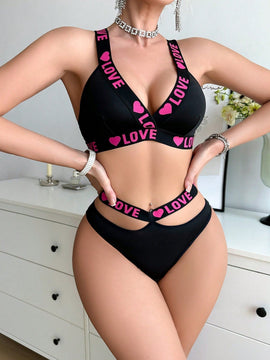 Conjunto De Sujetador Deportivo Para Mujer Con Bragas, Sujetador Elastico Con Estampado De Corazones Y Letras Y Sin Aros De Acero