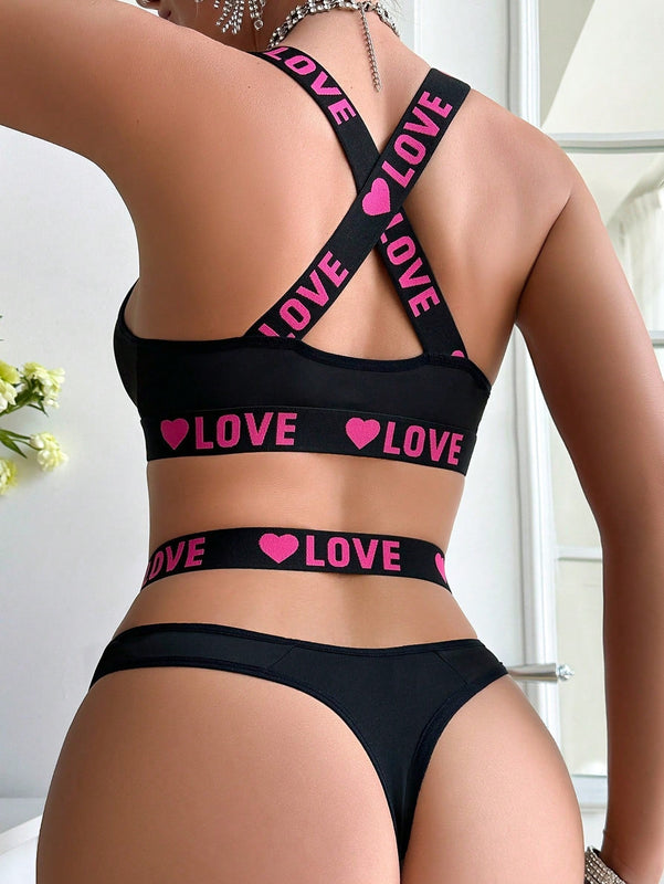 Conjunto De Sujetador Deportivo Para Mujer Con Bragas, Sujetador Elastico Con Estampado De Corazones Y Letras Y Sin Aros De Acero